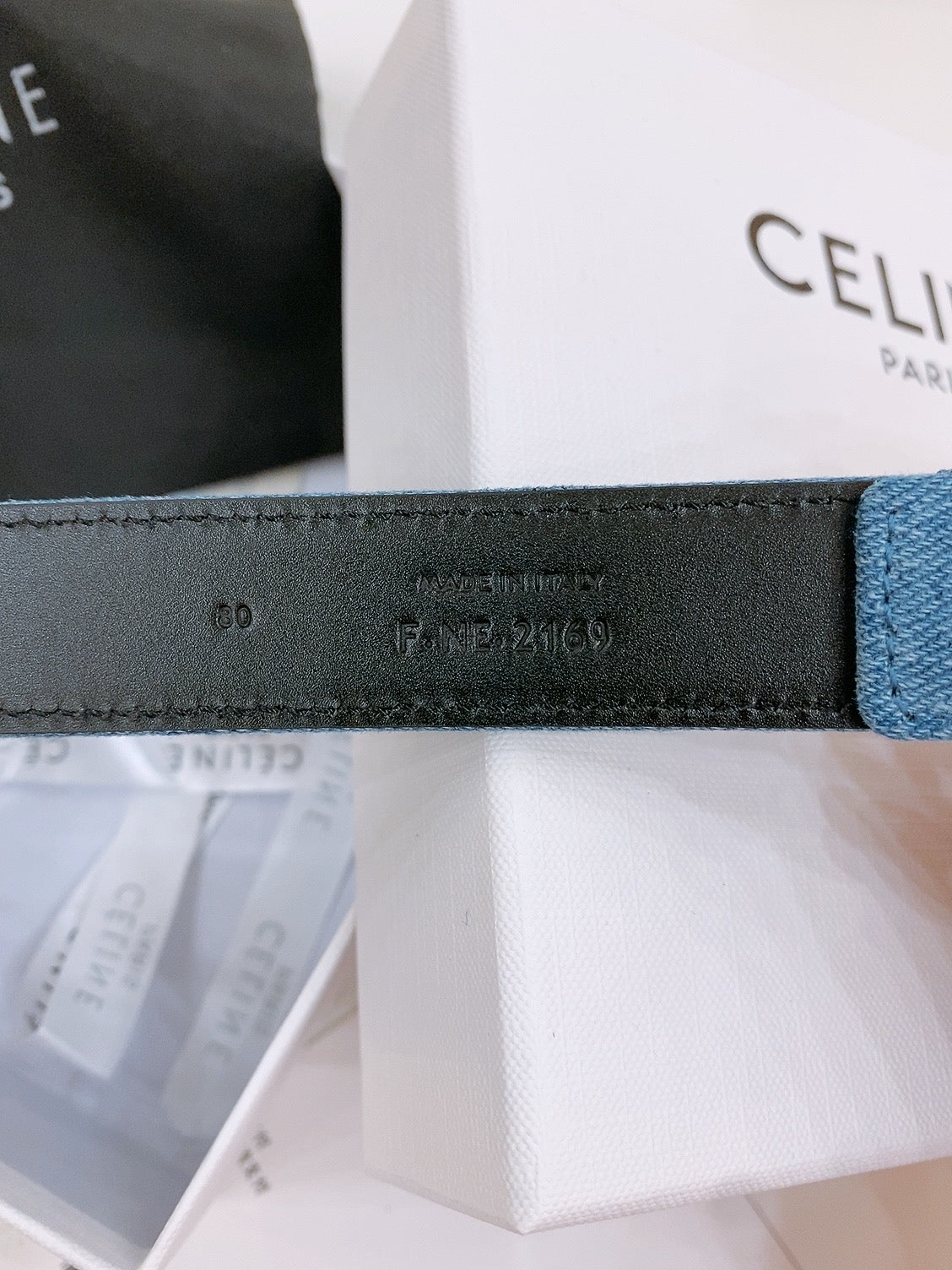 CELINE 25S BELT TRIOMPHE TAURILLON 25MM IN BLACK CALFSKIN AND DENIM 558343 - 26 - 28