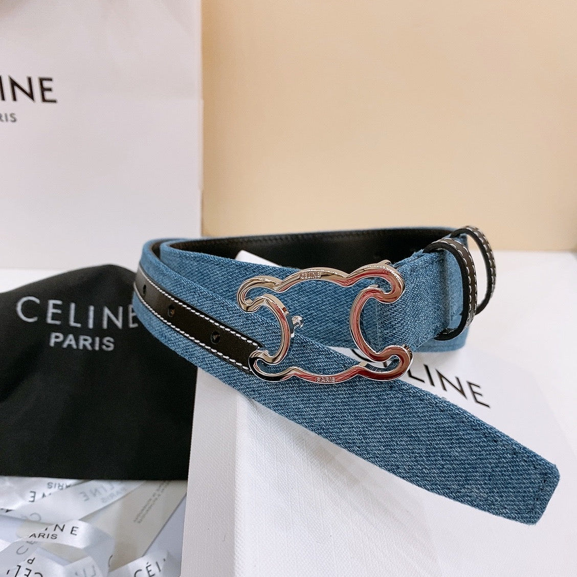 CELINE 25S BELT TRIOMPHE TAURILLON 25MM IN BLACK CALFSKIN AND DENIM 558342 - 26 - 28