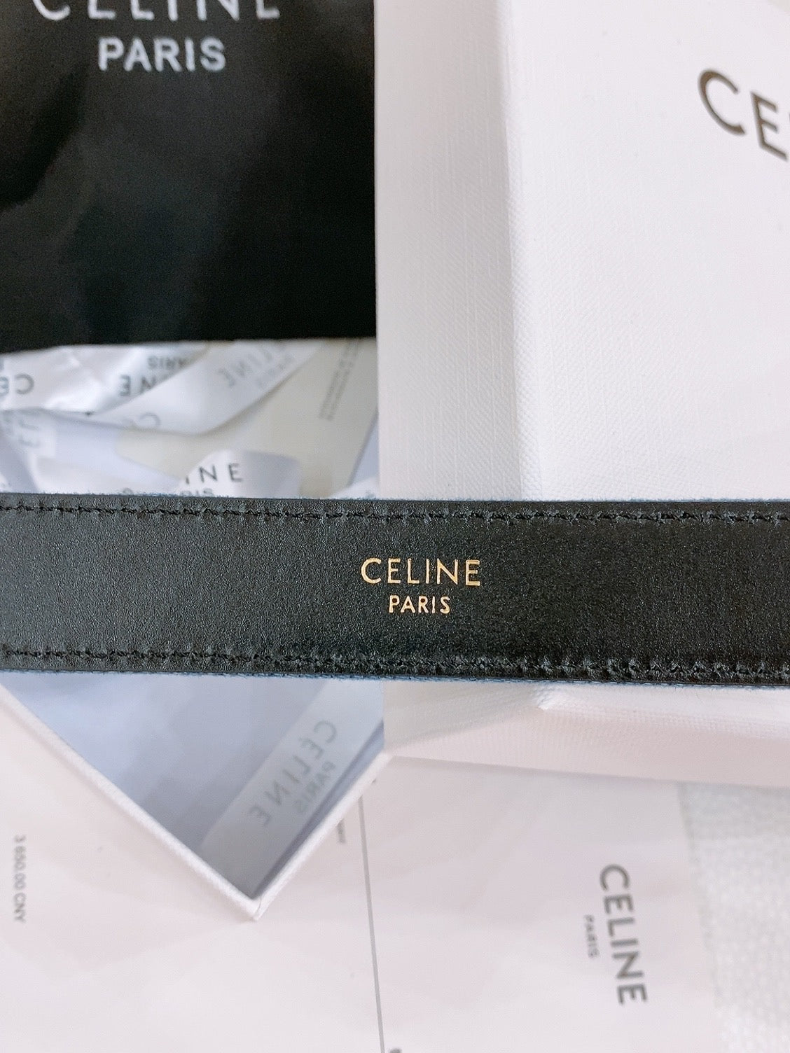 CELINE 25S BELT TRIOMPHE TAURILLON 25MM IN BLACK CALFSKIN AND DENIM 558342 - 26 - 28