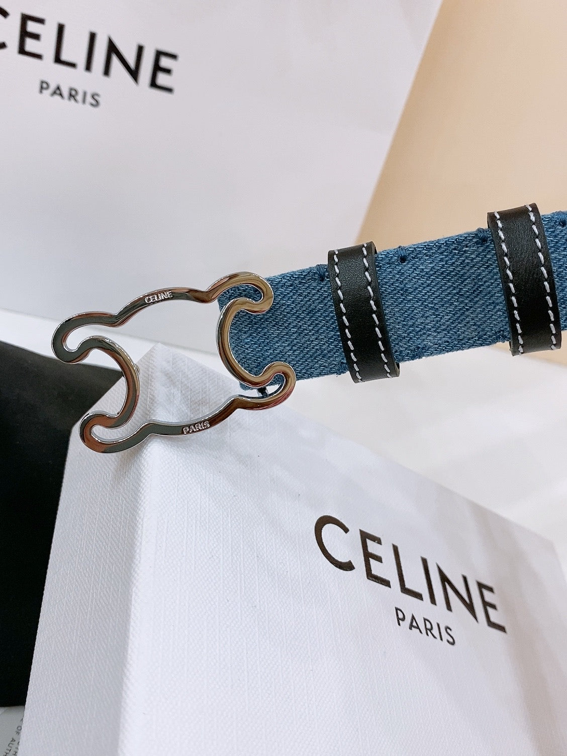 CELINE 25S BELT TRIOMPHE TAURILLON 25MM IN BLACK CALFSKIN AND DENIM 558342 - 26 - 28