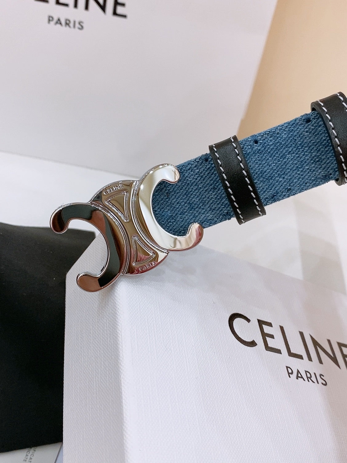 CELINE 25S BELT TRIOMPHE TAURILLON 25MM IN BLACK CALFSKIN AND DENIM 558344 - 26 - 28