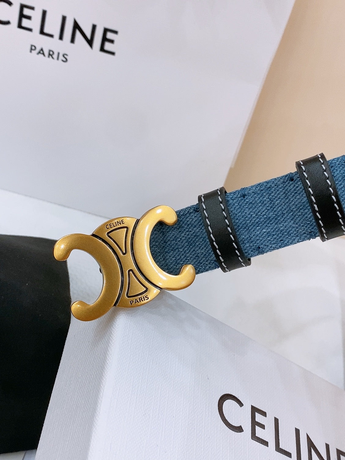 CELINE 25S BELT TRIOMPHE TAURILLON 25MM IN BLACK CALFSKIN AND DENIM 558345 - 26 - 28