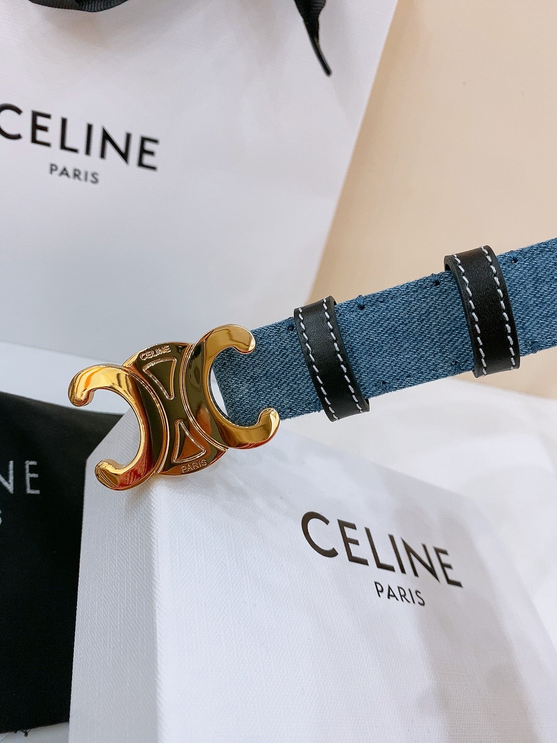 CELINE 25S BELT TRIOMPHE TAURILLON 25MM IN BLACK CALFSKIN AND DENIM 558346 - 26 - 28
