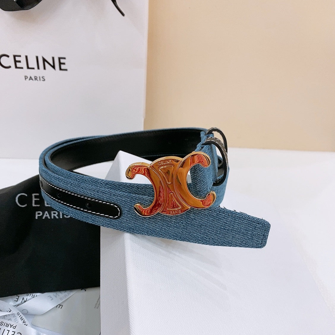 CELINE 25S BELT TRIOMPHE TAURILLON 25MM IN BLACK CALFSKIN AND DENIM 558346 - 26 - 28