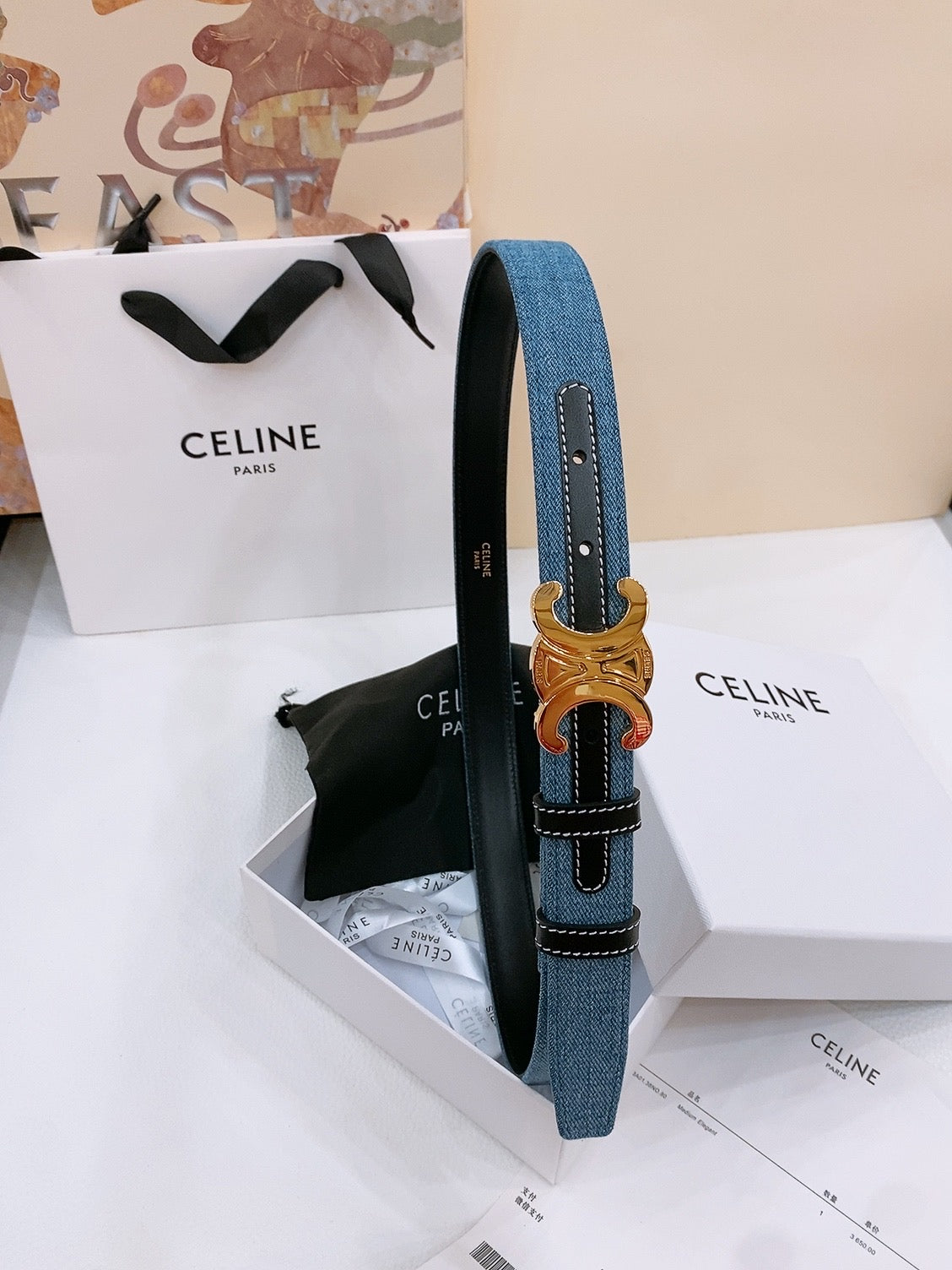 CELINE 25S BELT TRIOMPHE TAURILLON 25MM IN BLACK CALFSKIN AND DENIM 558346 - 26 - 28