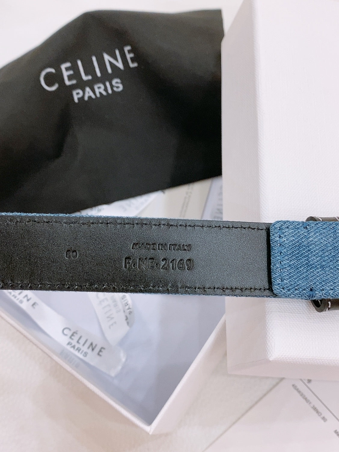 CELINE 25S BELT TRIOMPHE TAURILLON 25MM IN BLACK CALFSKIN AND DENIM 558347 - 26 - 28