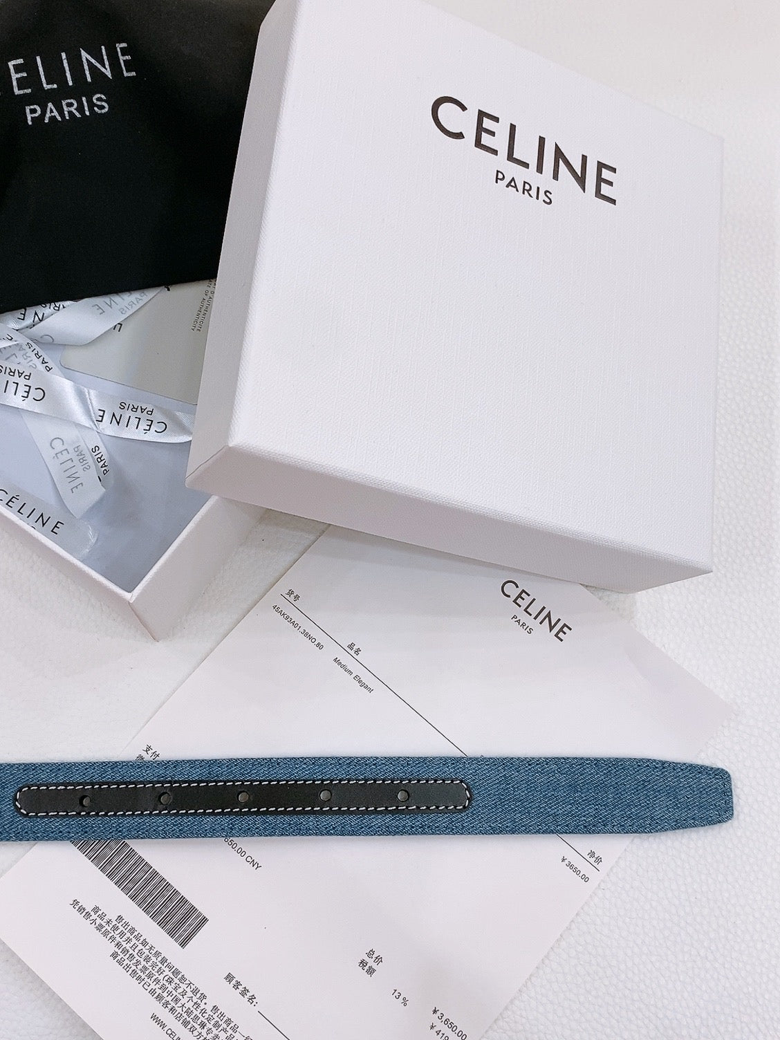CELINE 25S BELT TRIOMPHE TAURILLON 25MM IN BLACK CALFSKIN AND DENIM 558347 - 26 - 28