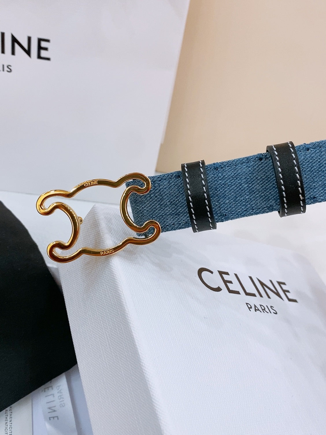 CELINE 25S BELT TRIOMPHE TAURILLON 25MM IN BLACK CALFSKIN AND DENIM 558348 - 26 - 28