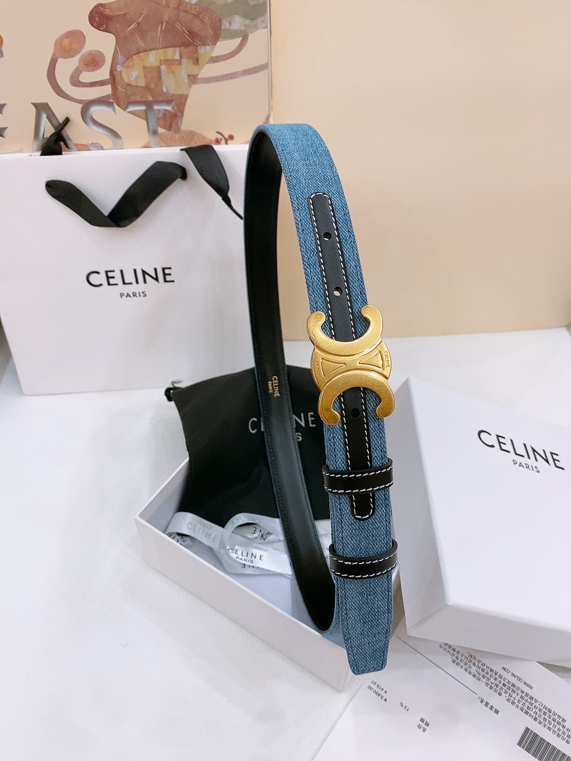 CELINE 25S BELT TRIOMPHE TAURILLON 25MM IN BLACK CALFSKIN AND DENIM 558349 - 26 - 28
