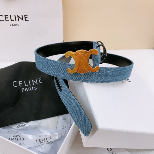 CELINE 25S BELT TRIOMPHE TAURILLON 25MM IN BLACK CALFSKIN AND DENIM 558349 - 26 - 28
