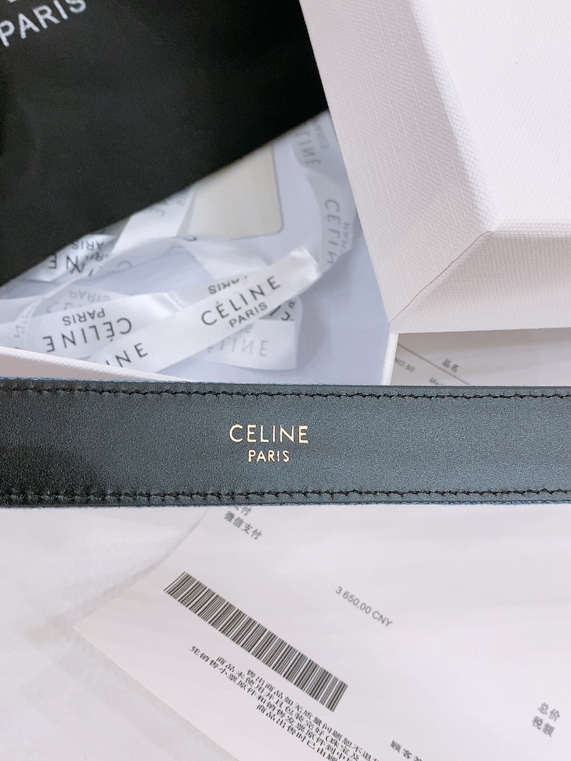CELINE 25S BELT TRIOMPHE TAURILLON 25MM IN BLACK CALFSKIN AND DENIM 558349 - 26 - 28
