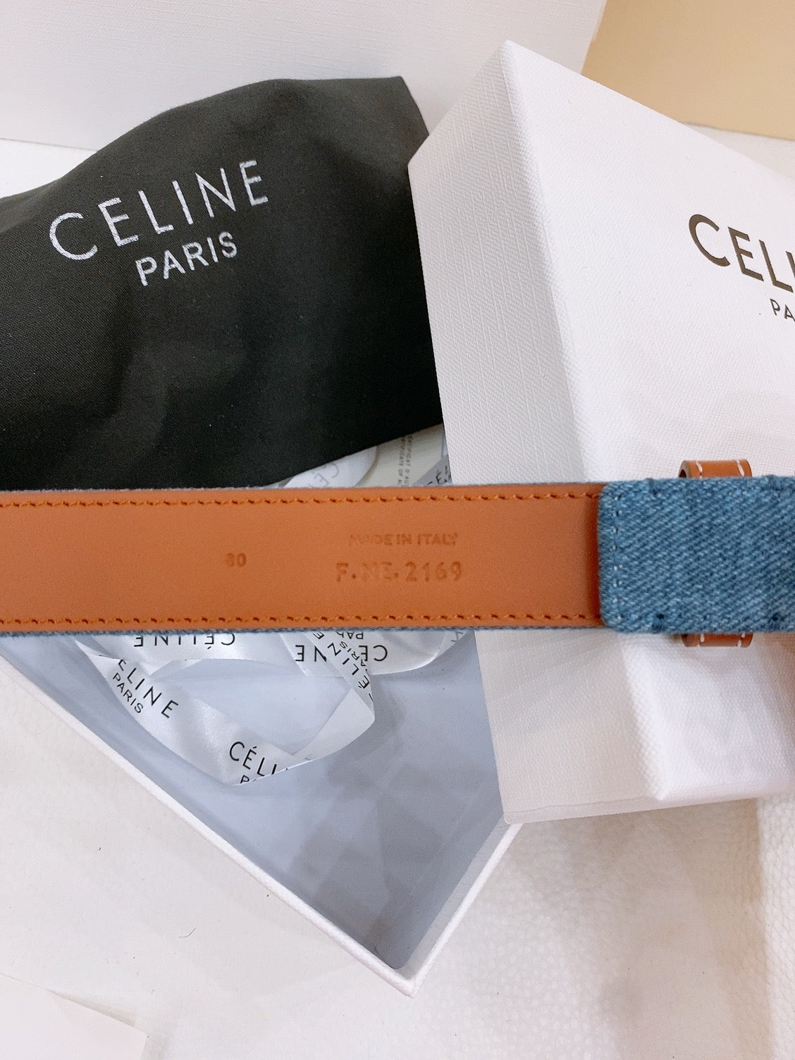 CELINE 25S BELT TRIOMPHE TAURILLON 25MM IN BROWN CALFSKIN AND DENIM 558350 - 26 - 28
