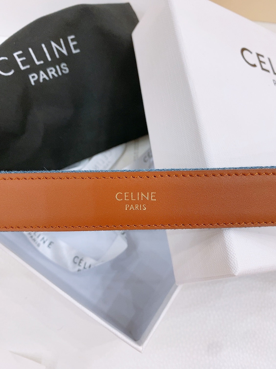 CELINE 25S BELT TRIOMPHE TAURILLON 25MM IN BROWN CALFSKIN AND DENIM 558350 - 26 - 28