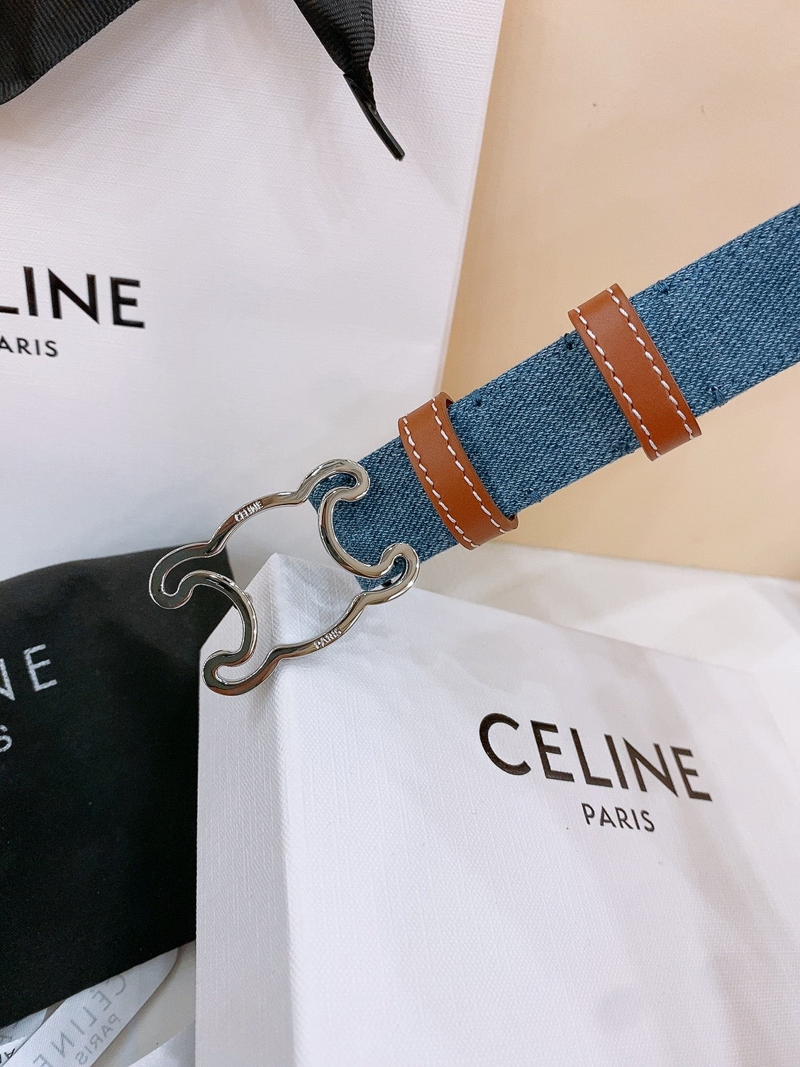CELINE 25S BELT TRIOMPHE TAURILLON 25MM IN BROWN CALFSKIN AND DENIM 558350 - 26 - 28