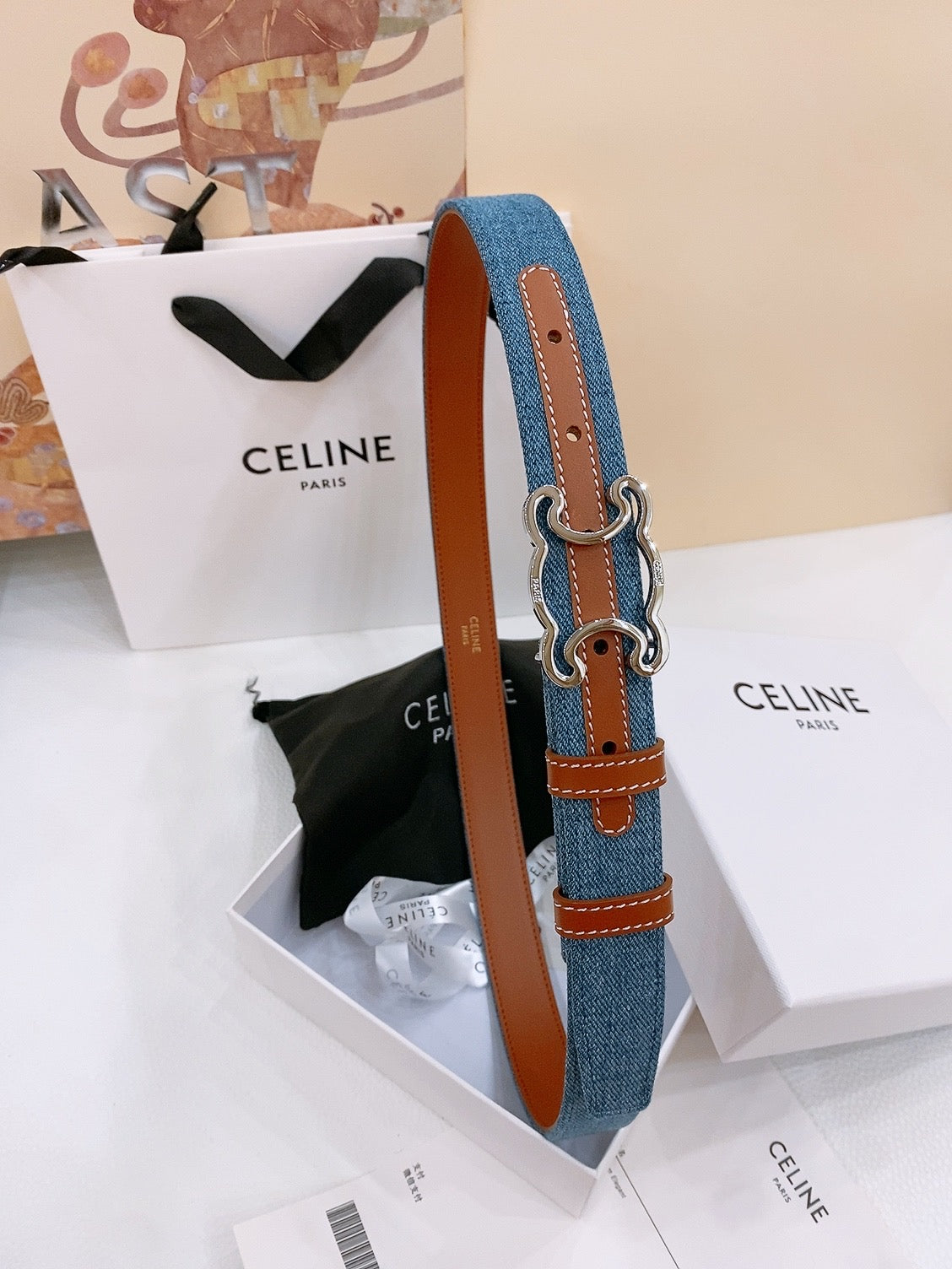 CELINE 25S BELT TRIOMPHE TAURILLON 25MM IN BROWN CALFSKIN AND DENIM 558350 - 26 - 28