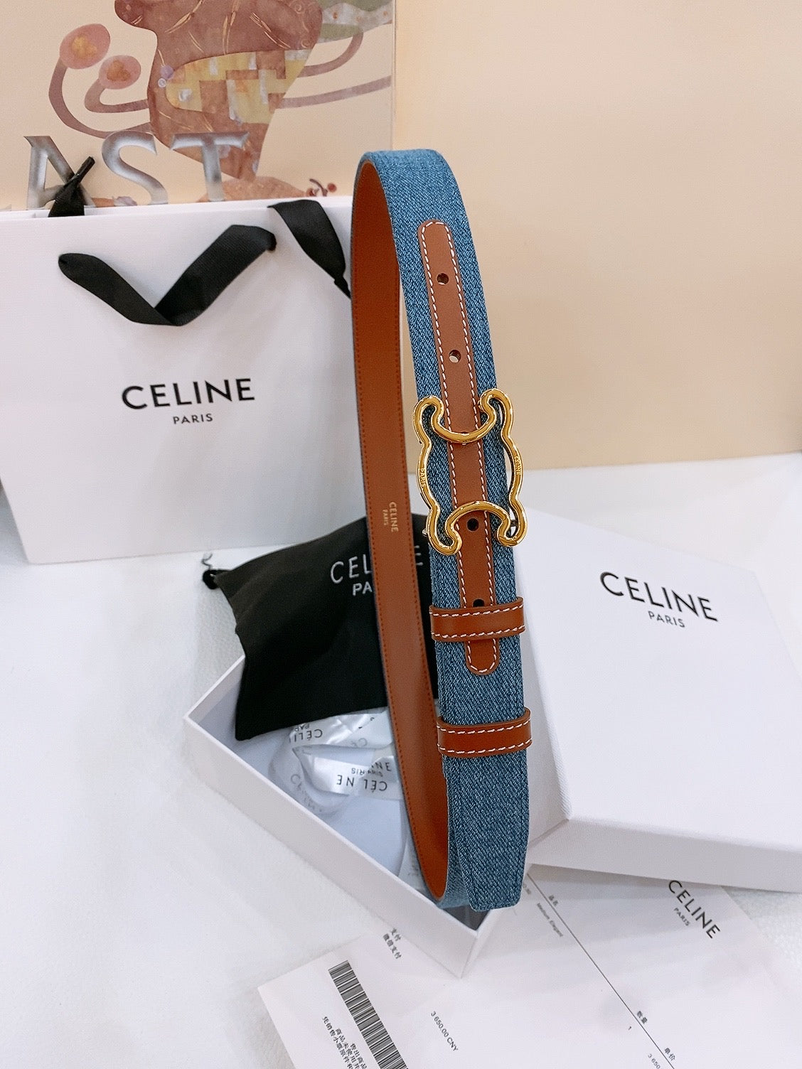 CELINE 25S BELT TRIOMPHE TAURILLON 25MM IN BROWN CALFSKIN AND DENIM 558351 - 26 - 28