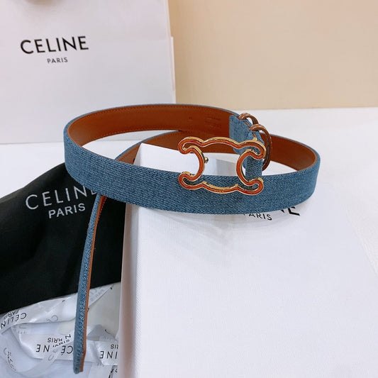 CELINE 25S BELT TRIOMPHE TAURILLON 25MM IN BROWN CALFSKIN AND DENIM 558351 - 26 - 28