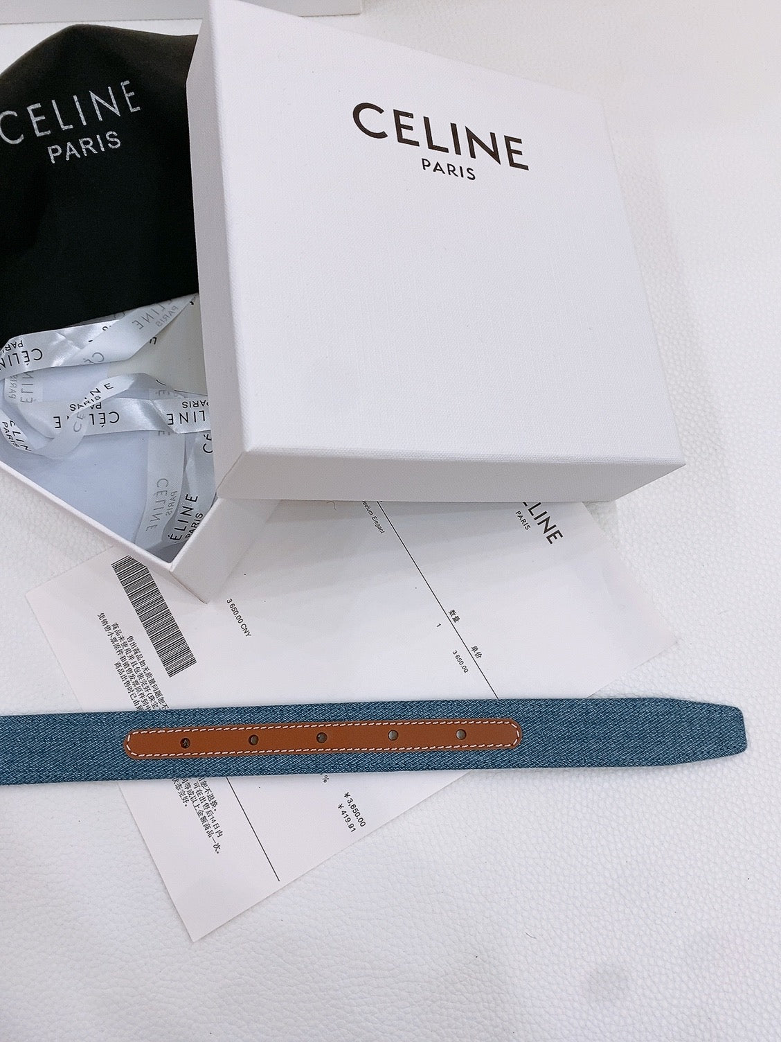 CELINE 25S BELT TRIOMPHE TAURILLON 25MM IN BROWN CALFSKIN AND DENIM 558351 - 26 - 28
