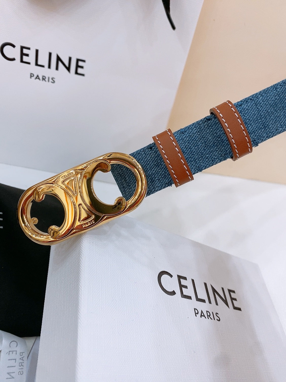 CELINE 25S BELT TRIOMPHE TAURILLON 25MM IN BROWN CALFSKIN AND DENIM 558352 - 26 - 28