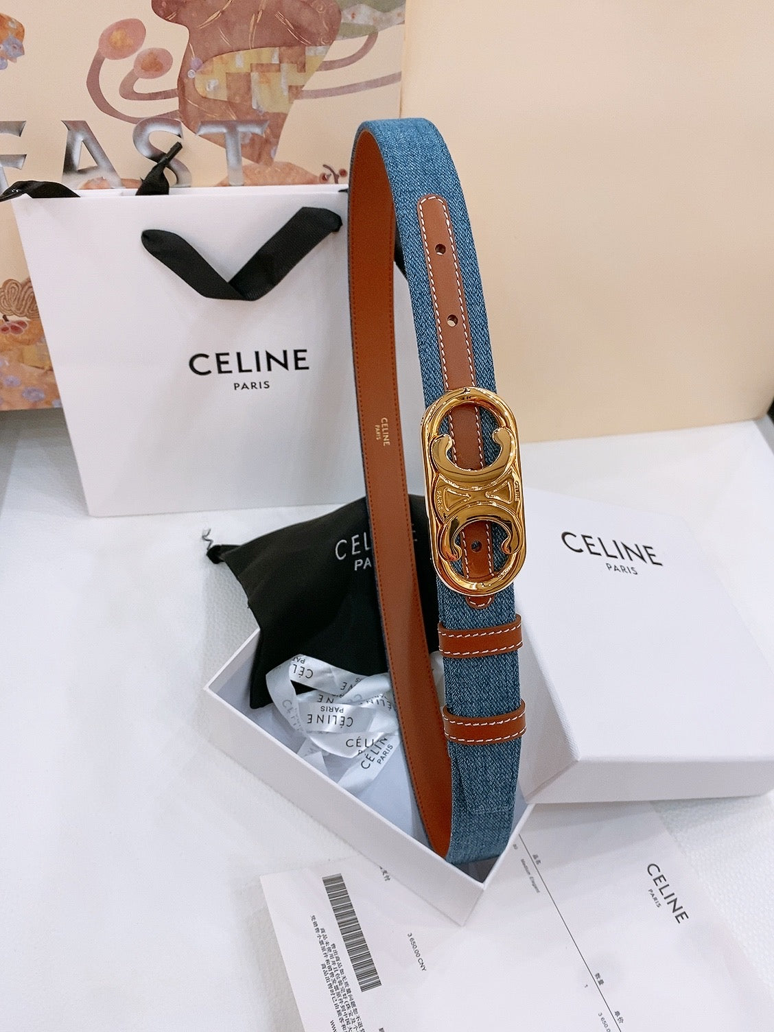 CELINE 25S BELT TRIOMPHE TAURILLON 25MM IN BROWN CALFSKIN AND DENIM 558352 - 26 - 28