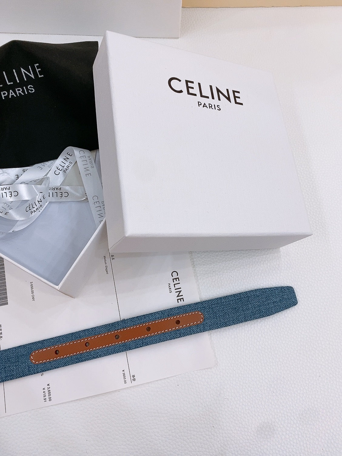 CELINE 25S BELT TRIOMPHE TAURILLON 25MM IN BROWN CALFSKIN AND DENIM 558352 - 26 - 28