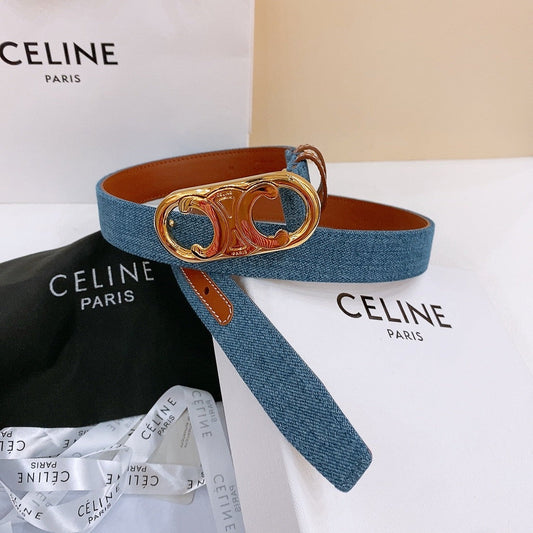 CELINE 25S BELT TRIOMPHE TAURILLON 25MM IN BROWN CALFSKIN AND DENIM 558352 - 26 - 28
