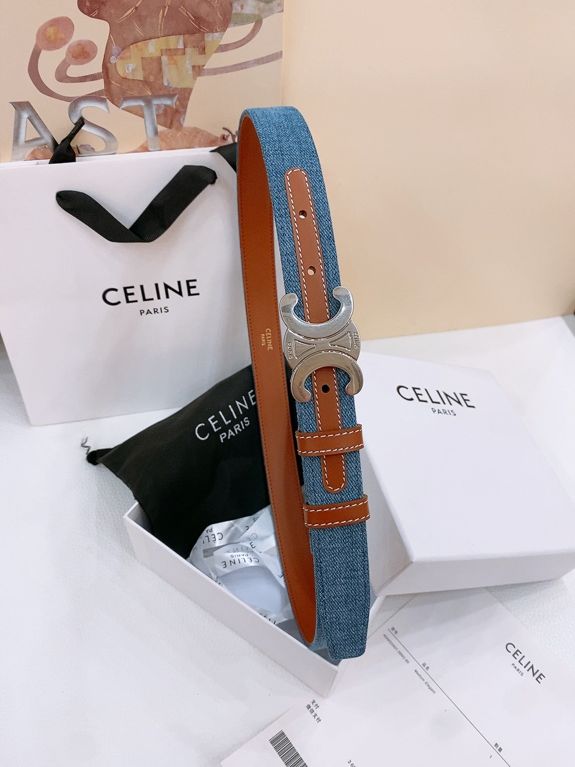 CELINE 25S BELT TRIOMPHE TAURILLON 25MM IN BROWN CALFSKIN AND DENIM 558353 - 26 - 28