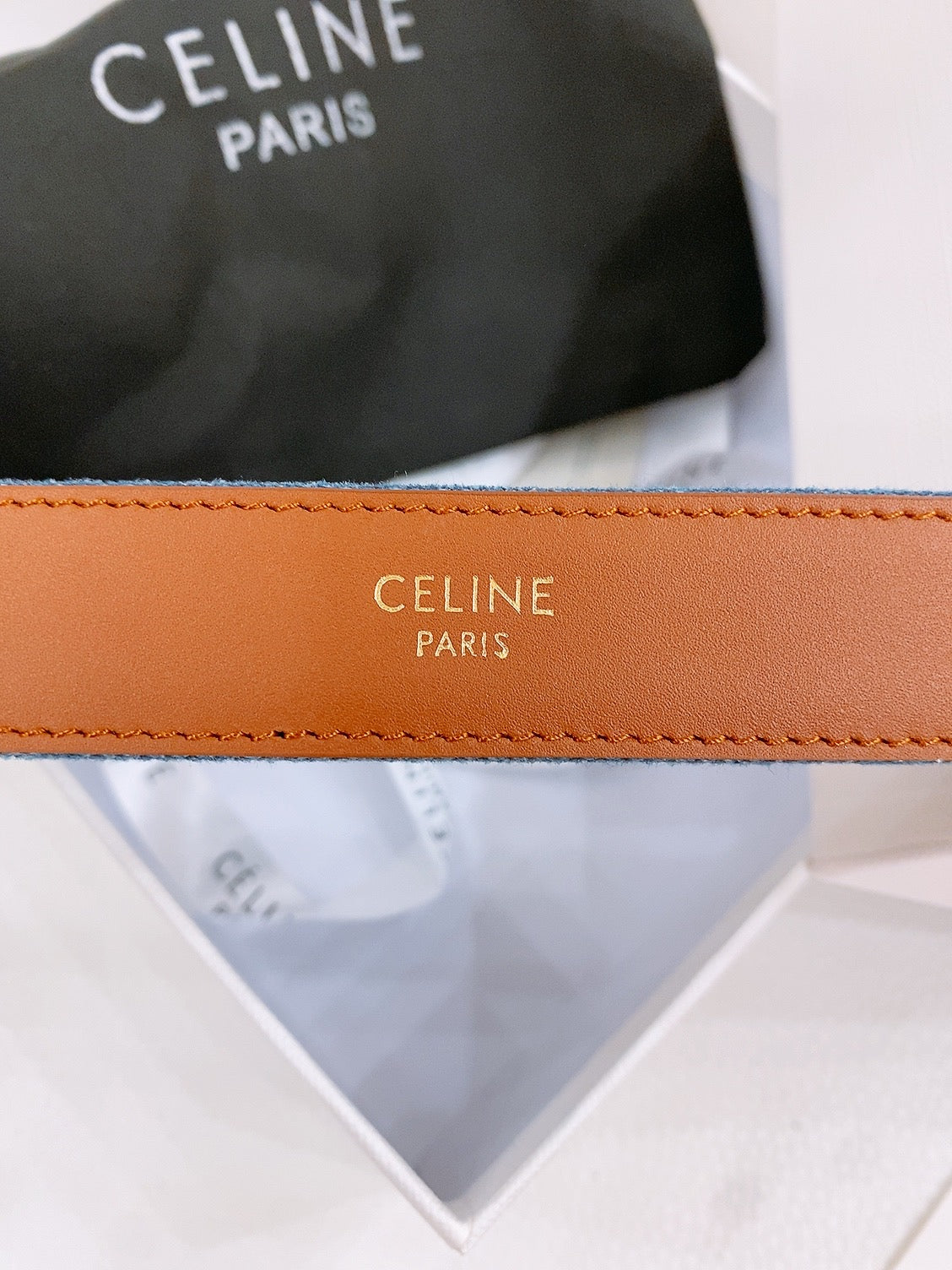 CELINE 25S BELT TRIOMPHE TAURILLON 25MM IN BROWN CALFSKIN AND DENIM 558353 - 26 - 28