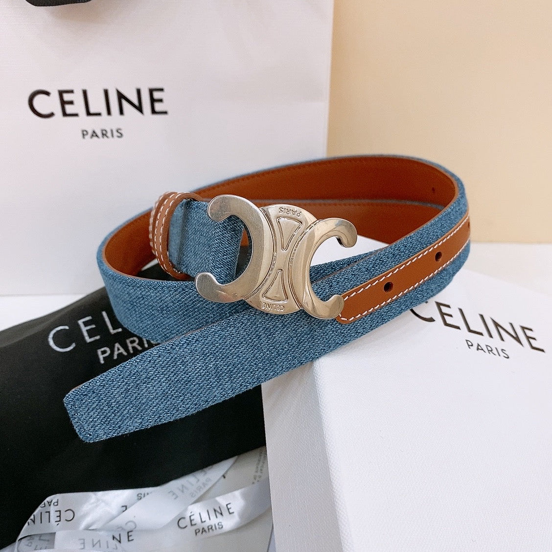 CELINE 25S BELT TRIOMPHE TAURILLON 25MM IN BROWN CALFSKIN AND DENIM 558353 - 26 - 28