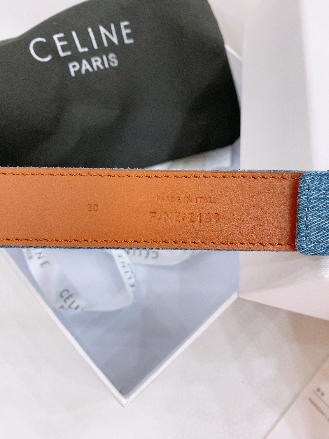 CELINE 25S BELT TRIOMPHE TAURILLON 25MM IN BROWN CALFSKIN AND DENIM 558353 - 26 - 28