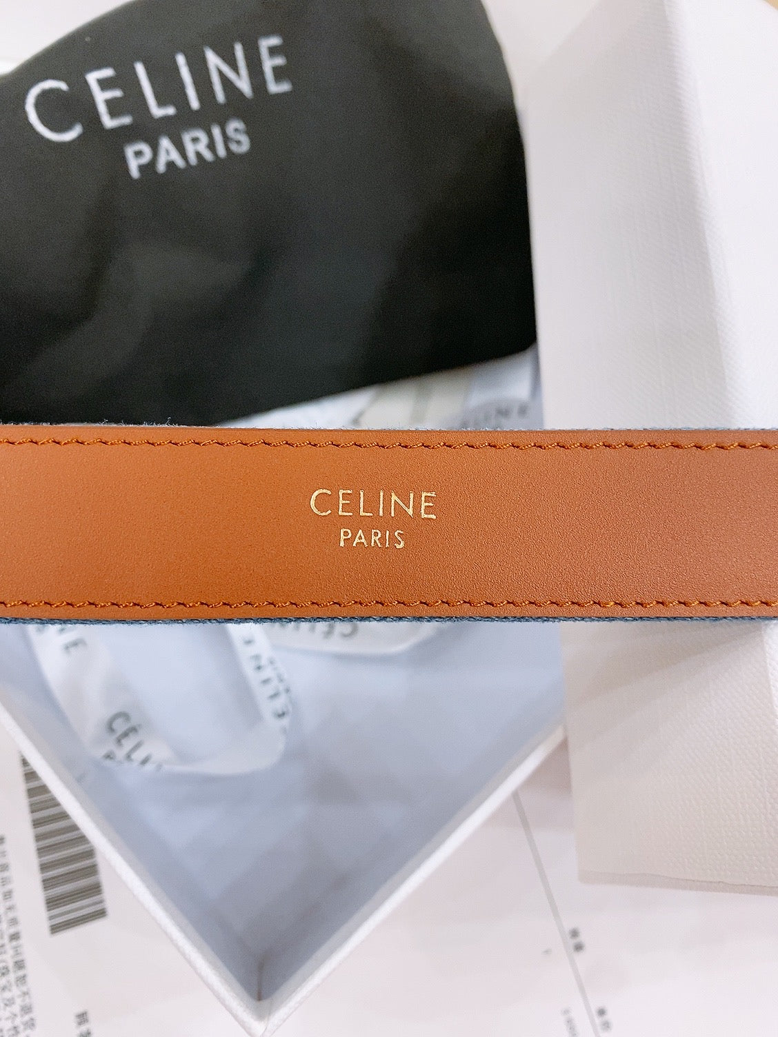 CELINE 25S BELT TRIOMPHE TAURILLON 25MM IN BROWN CALFSKIN AND DENIM 558354 - 26 - 28