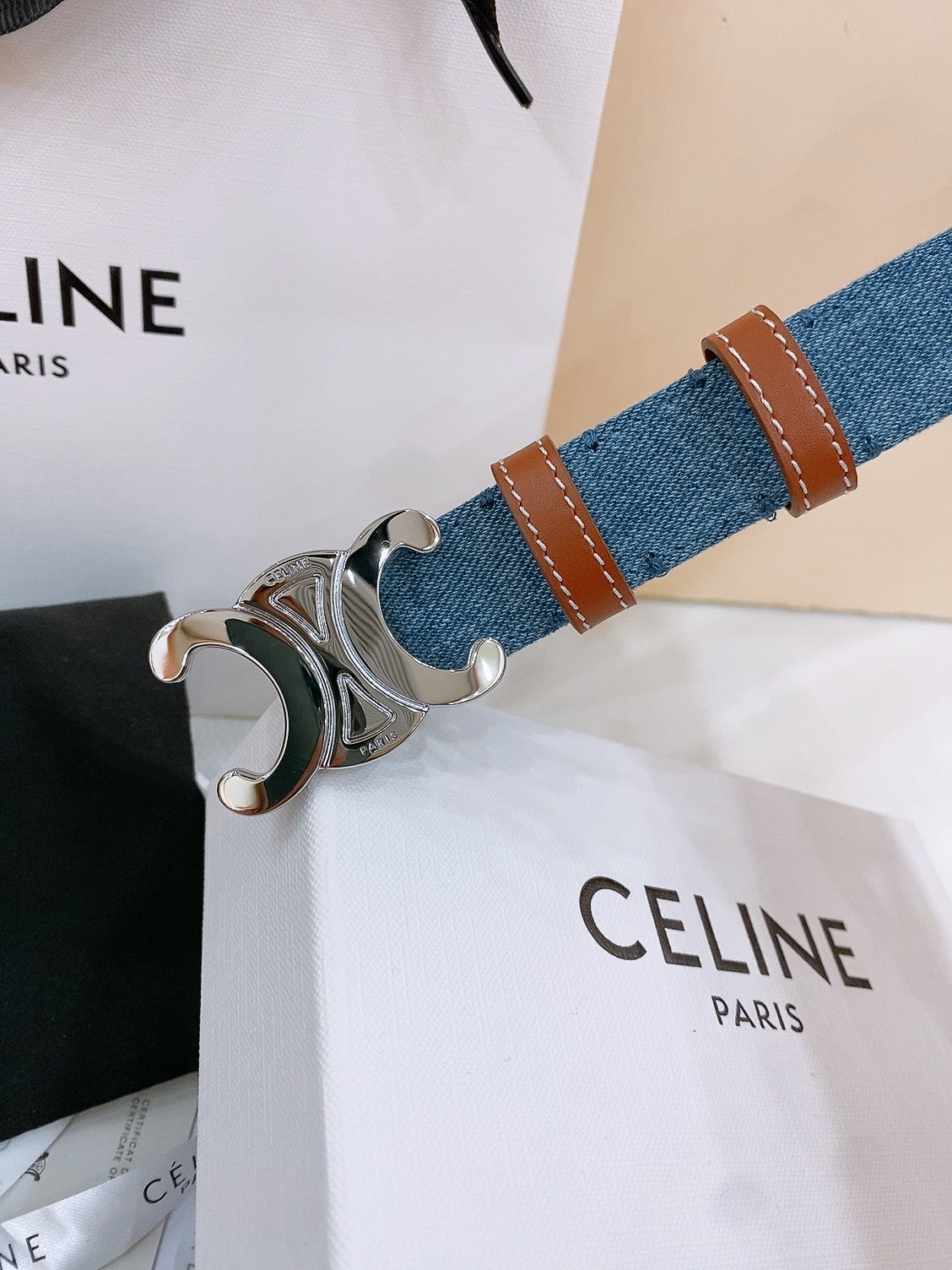 CELINE 25S BELT TRIOMPHE TAURILLON 25MM IN BROWN CALFSKIN AND DENIM 558354 - 26 - 28