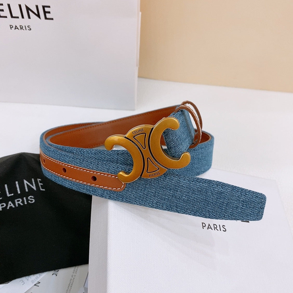 CELINE 25S BELT TRIOMPHE TAURILLON 25MM IN BROWN CALFSKIN AND DENIM 558355 - 26 - 28