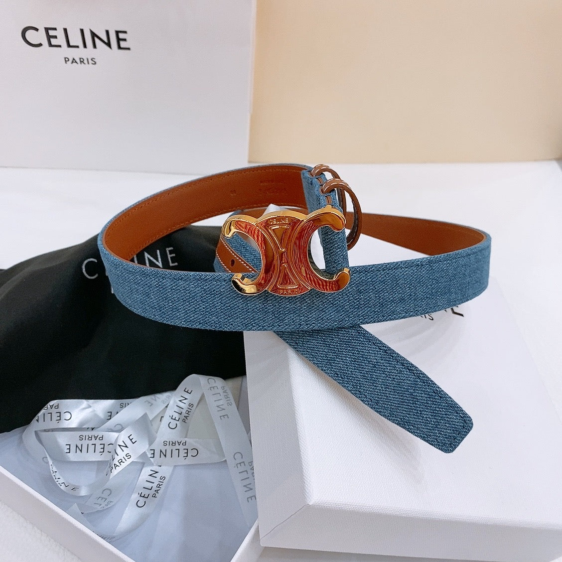 CELINE 25S BELT TRIOMPHE TAURILLON 25MM IN BROWN CALFSKIN AND DENIM 558356 - 26 - 28