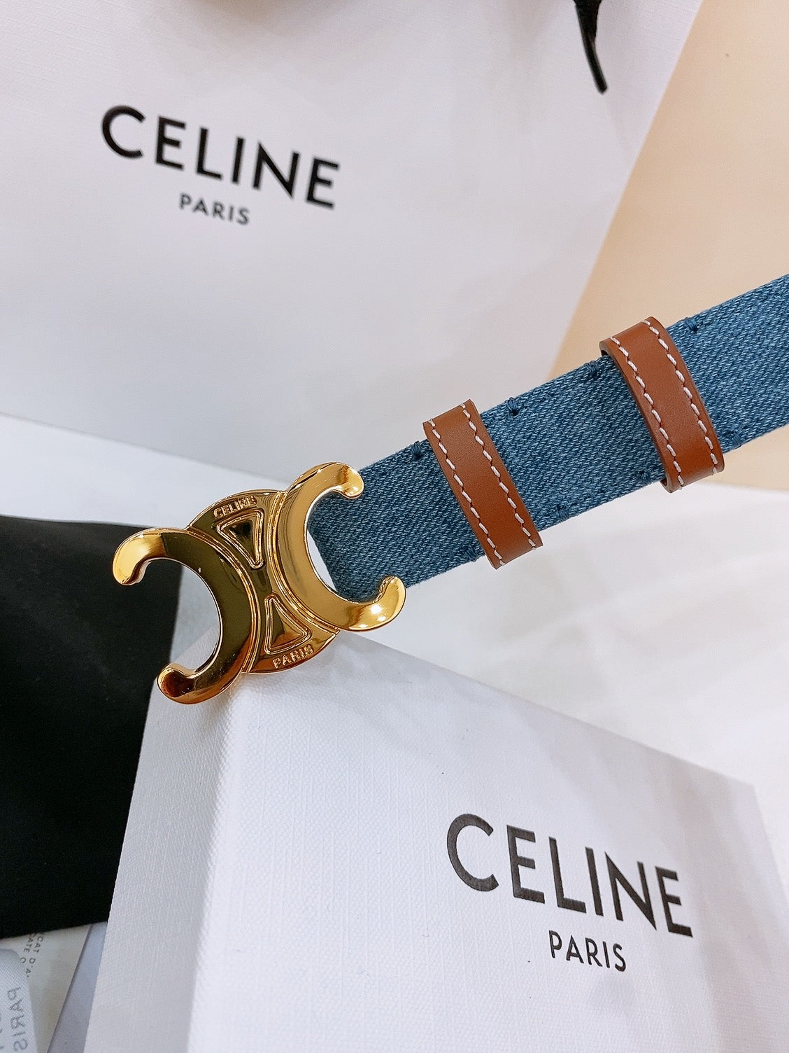 CELINE 25S BELT TRIOMPHE TAURILLON 25MM IN BROWN CALFSKIN AND DENIM 558356 - 26 - 28
