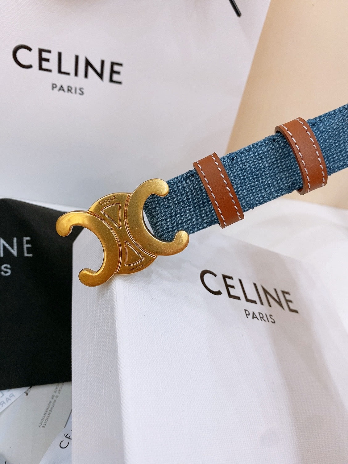 CELINE 25S BELT TRIOMPHE TAURILLON 25MM IN BROWN CALFSKIN AND DENIM 558357 - 26 - 28