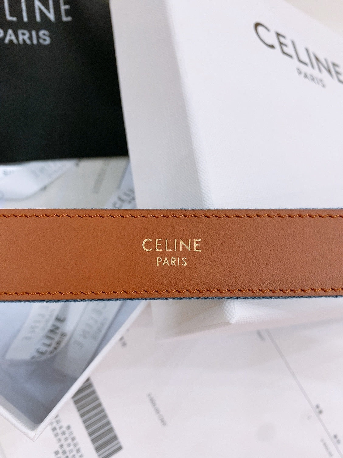 CELINE 25S BELT TRIOMPHE TAURILLON 25MM IN BROWN CALFSKIN AND DENIM 558357 - 26 - 28
