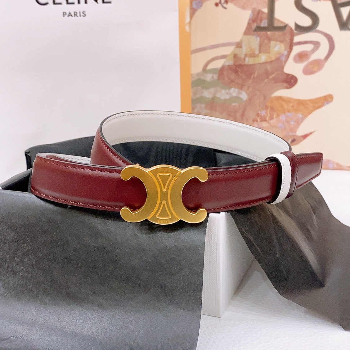 CELINE 25S BELT 25MM REVERSIBLE TRIOMPHE IN BURGUNDY CALFSKIN 565534 - 26 - 28