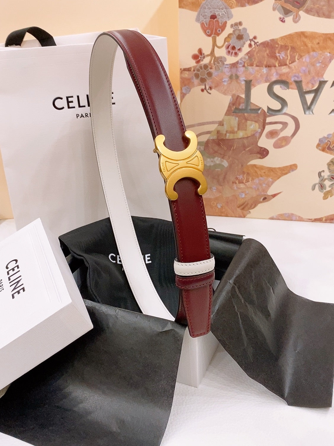 CELINE 25S BELT 25MM REVERSIBLE TRIOMPHE IN BURGUNDY CALFSKIN 565534 - 26 - 28