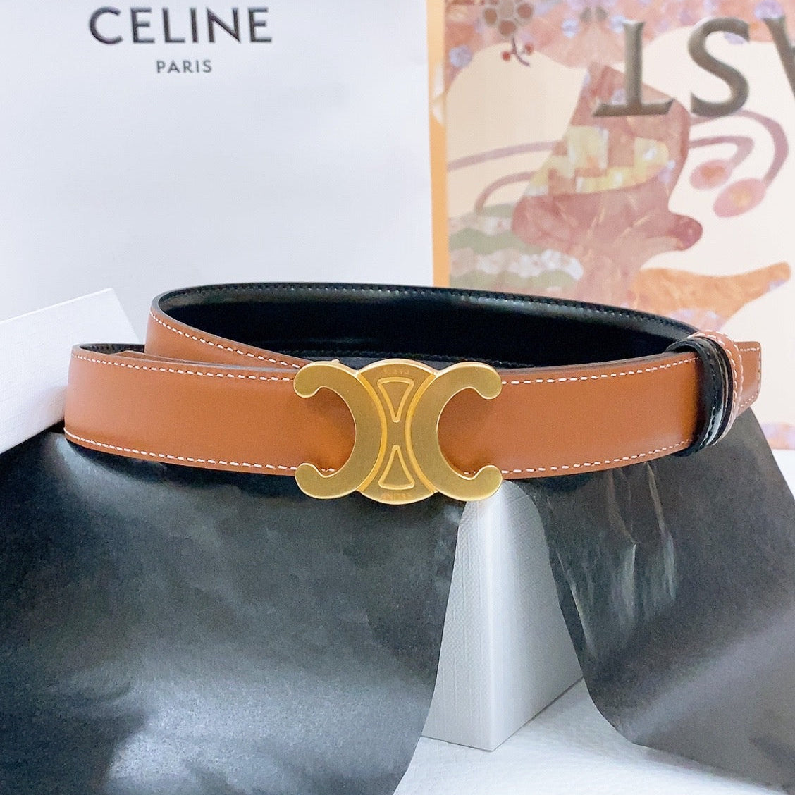 CELINE 25S BELT 25MM REVERSIBLE TRIOMPHE IN BLACK BROWN CALFSKIN 565540 - 26 - 28