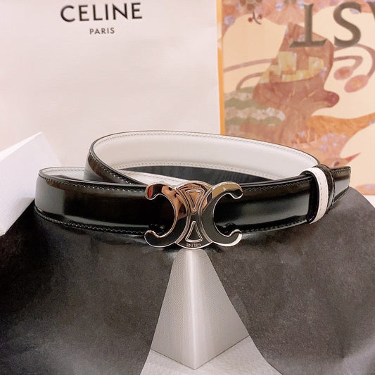 CELINE 25S BELT 25MM REVERSIBLE TRIOMPHE IN BLACK WHITE CALFSKIN 565542 - 26 - 28
