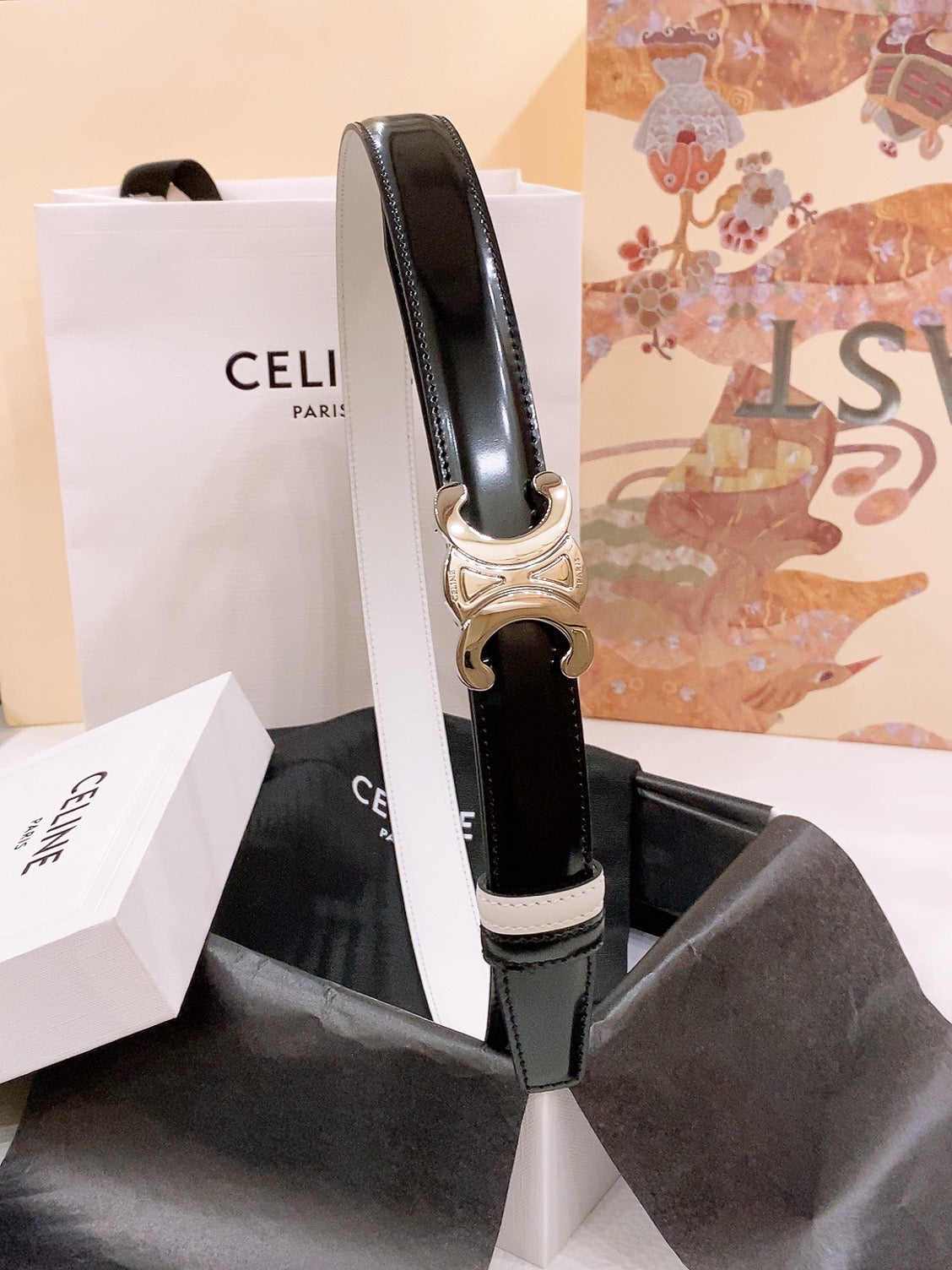 CELINE 25S BELT 25MM REVERSIBLE TRIOMPHE IN BLACK WHITE CALFSKIN 565542 - 26 - 28