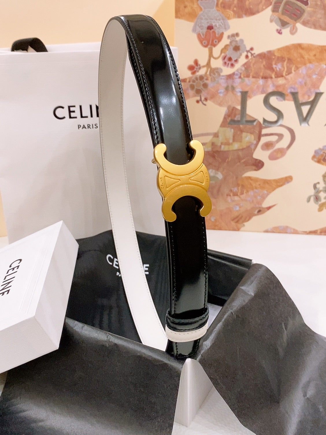 CELINE 25S BELT 25MM REVERSIBLE TRIOMPHE IN WHITE BLACK CALFSKIN 565543 - 26 - 28
