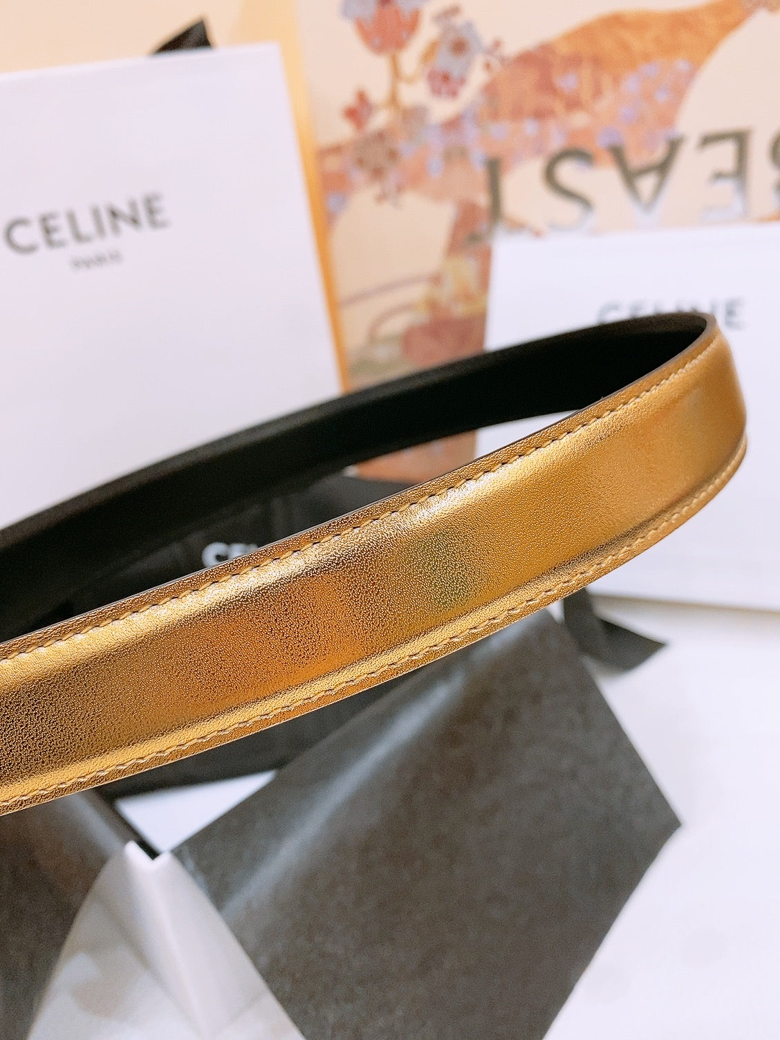 CELINE 25S BELT 25MM WITH ARC DE TRIOMPHE BUCKLE IN GOLD 571497 - 26 - 28