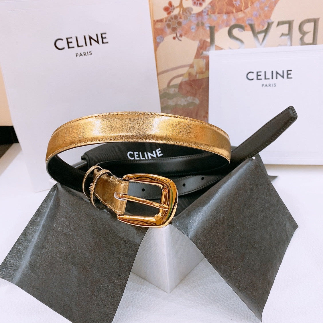 CELINE 25S BELT 25MM WITH ARC DE TRIOMPHE BUCKLE IN GOLD 571497 - 26 - 28