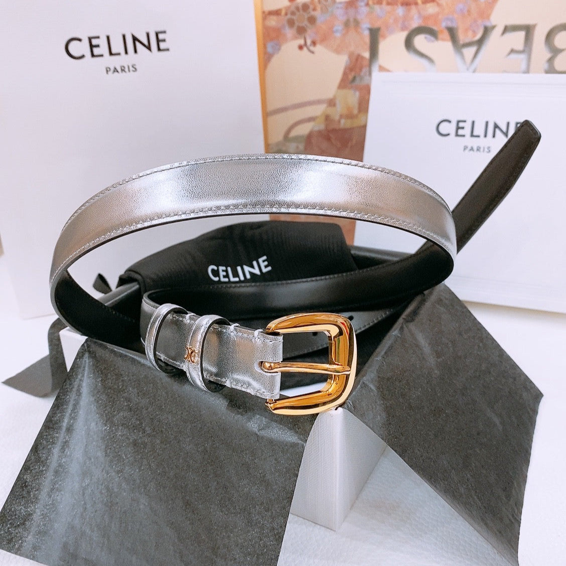 CELINE 25S BELT 25MM WITH ARC DE TRIOMPHE BUCKLE IN SILVER 571498 - 26 - 28