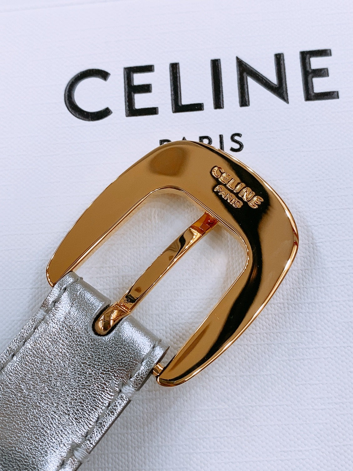 CELINE 25S BELT 25MM WITH ARC DE TRIOMPHE BUCKLE IN SILVER 571498 - 26 - 28