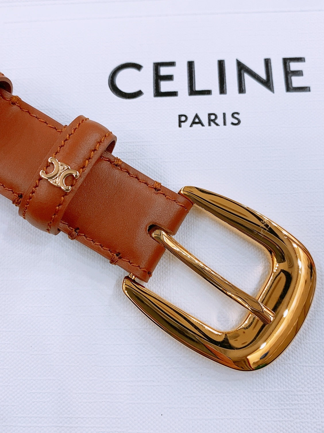 CELINE 25S BELT 25MM WITH ARC DE TRIOMPHE BUCKLE IN DARK CARAMEL 571499 - 26 - 28