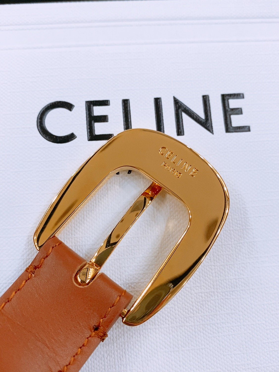 CELINE 25S BELT 25MM WITH ARC DE TRIOMPHE BUCKLE IN DARK CARAMEL 571499 - 26 - 28