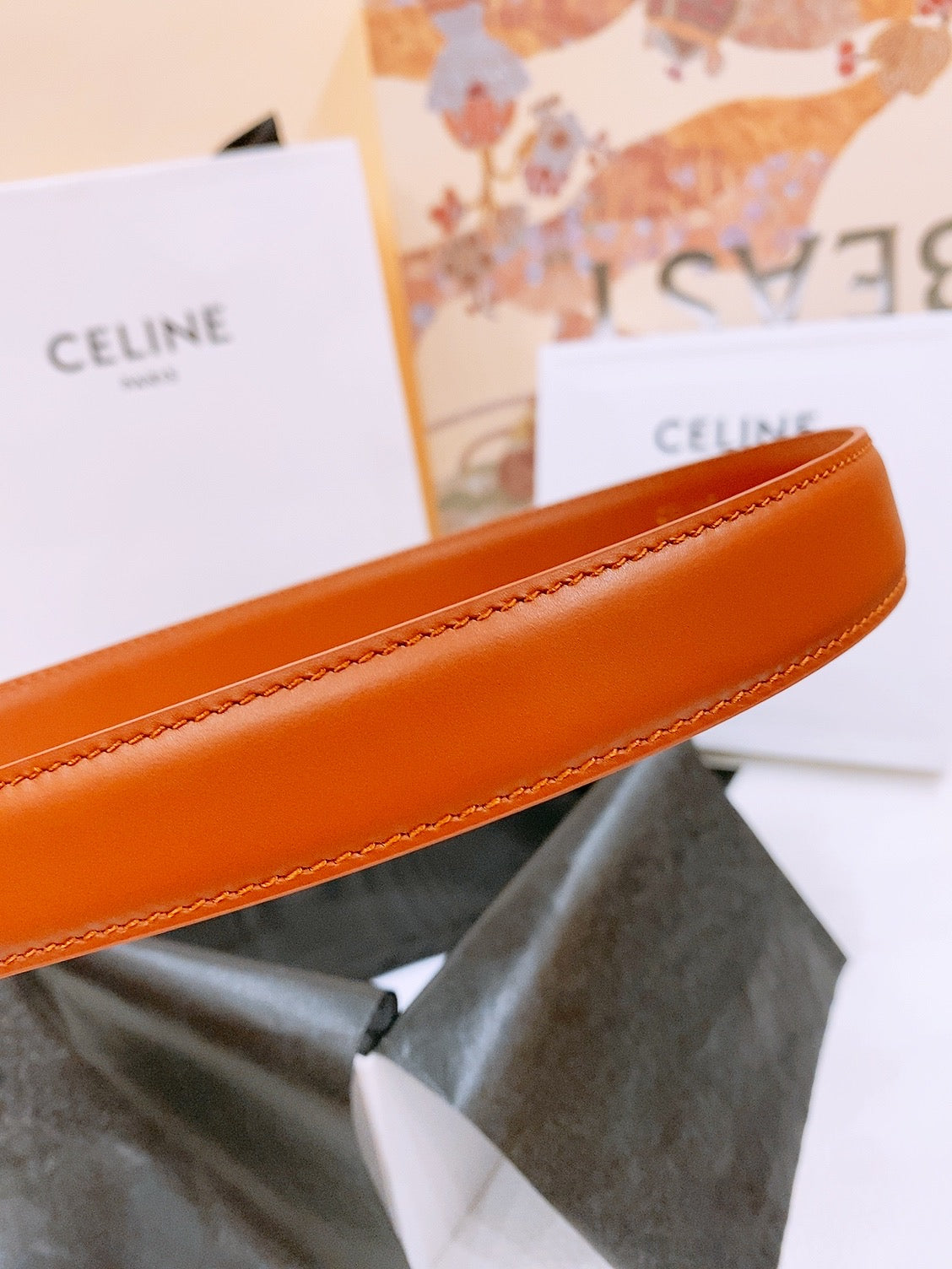 CELINE 25S BELT 25MM WITH ARC DE TRIOMPHE BUCKLE IN DARK CARAMEL 571499 - 26 - 28